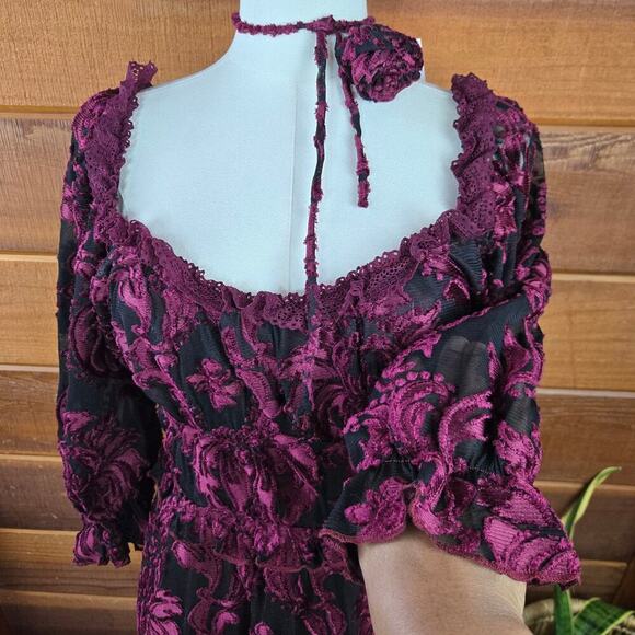 Lait Collection Women Floral Burn-Out Velvet Mini Dress M Puff Sleeve Whimsigoth - Picture 3 of 12